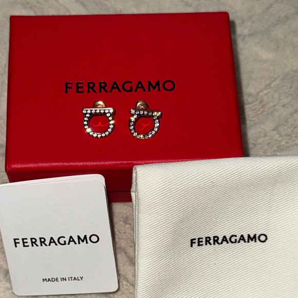 Salvatore Ferragamo Large Gancini Gold Tone Crystal Earrings - Picture 5 of 6